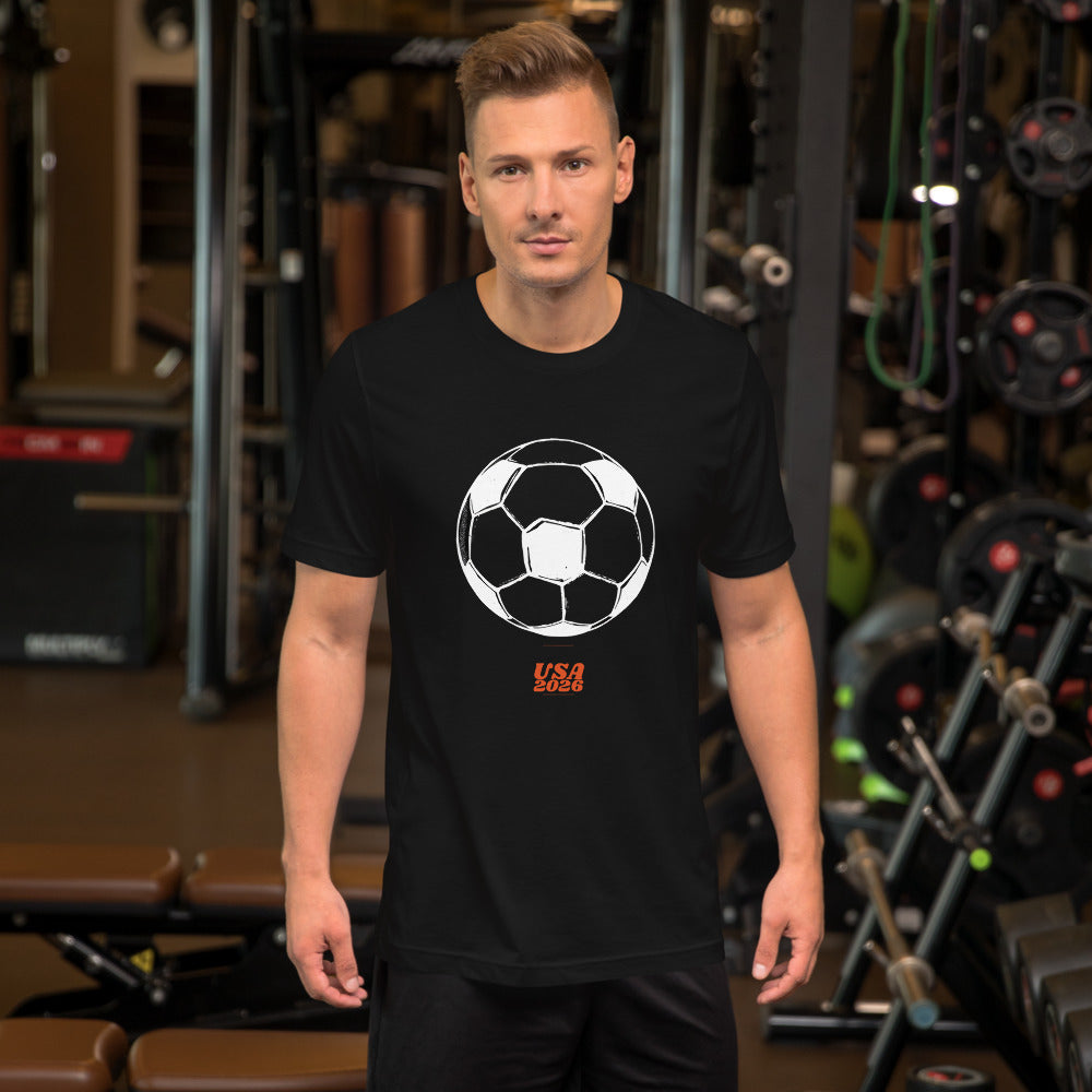 2026 World Cup USA soccer tee on model