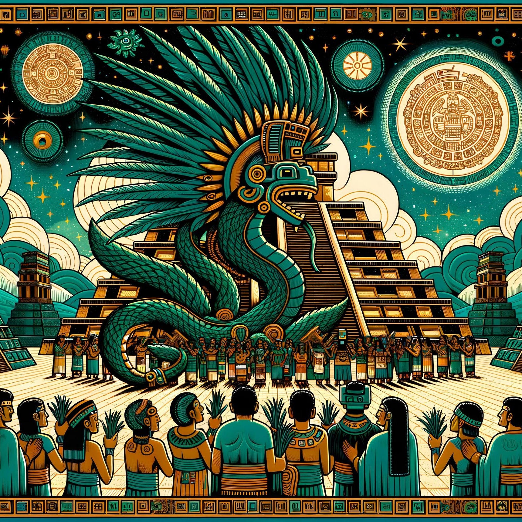 Detail close-up of feathered serpent quetzalcoatl mesoamerican mythology art print