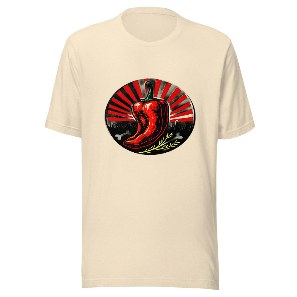 Spicy Food Lovers Graphic Tee: Bold Flaming Chili Badge Design for Heat Seekers