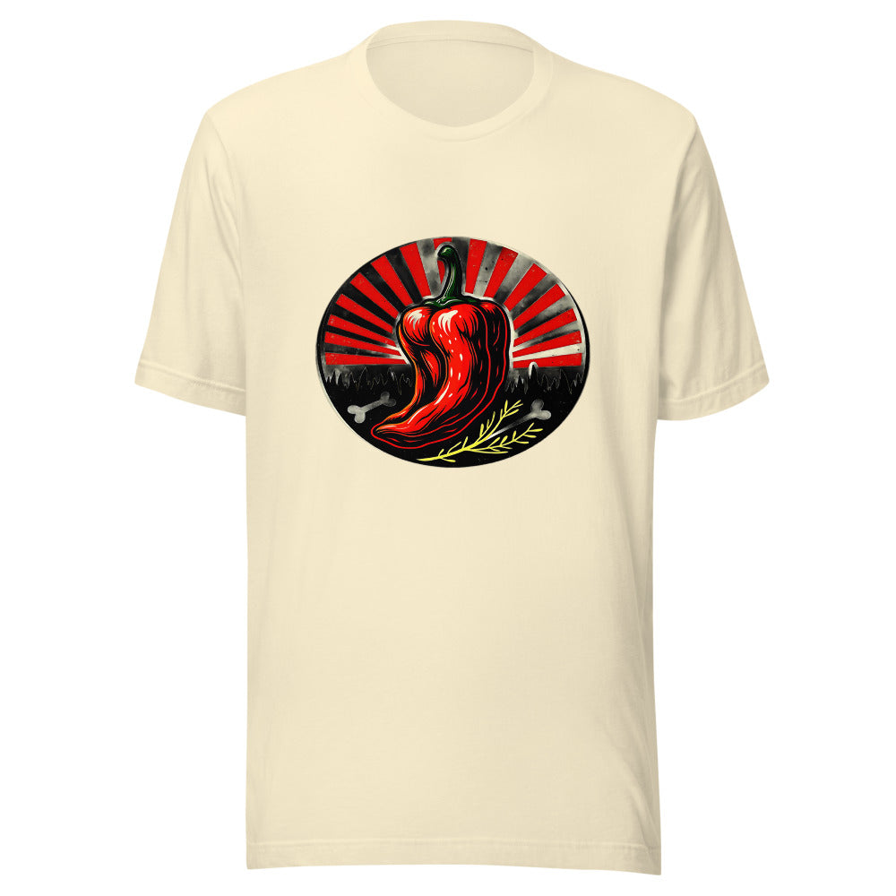 Spicy Food Lovers Graphic Tee: Bold Flaming Chili Badge Design for Heat Seekers