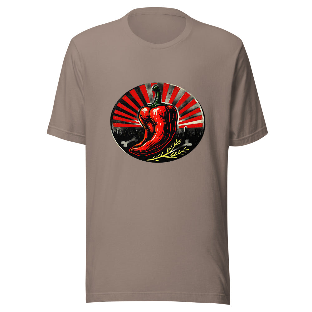 Spicy Food Lovers Graphic Tee: Bold Flaming Chili Badge Design for Heat Seekers