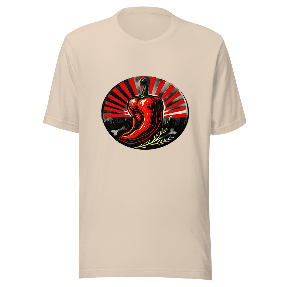 Spicy Food Lovers Graphic Tee: Bold Flaming Chili Badge Design for Heat Seekers