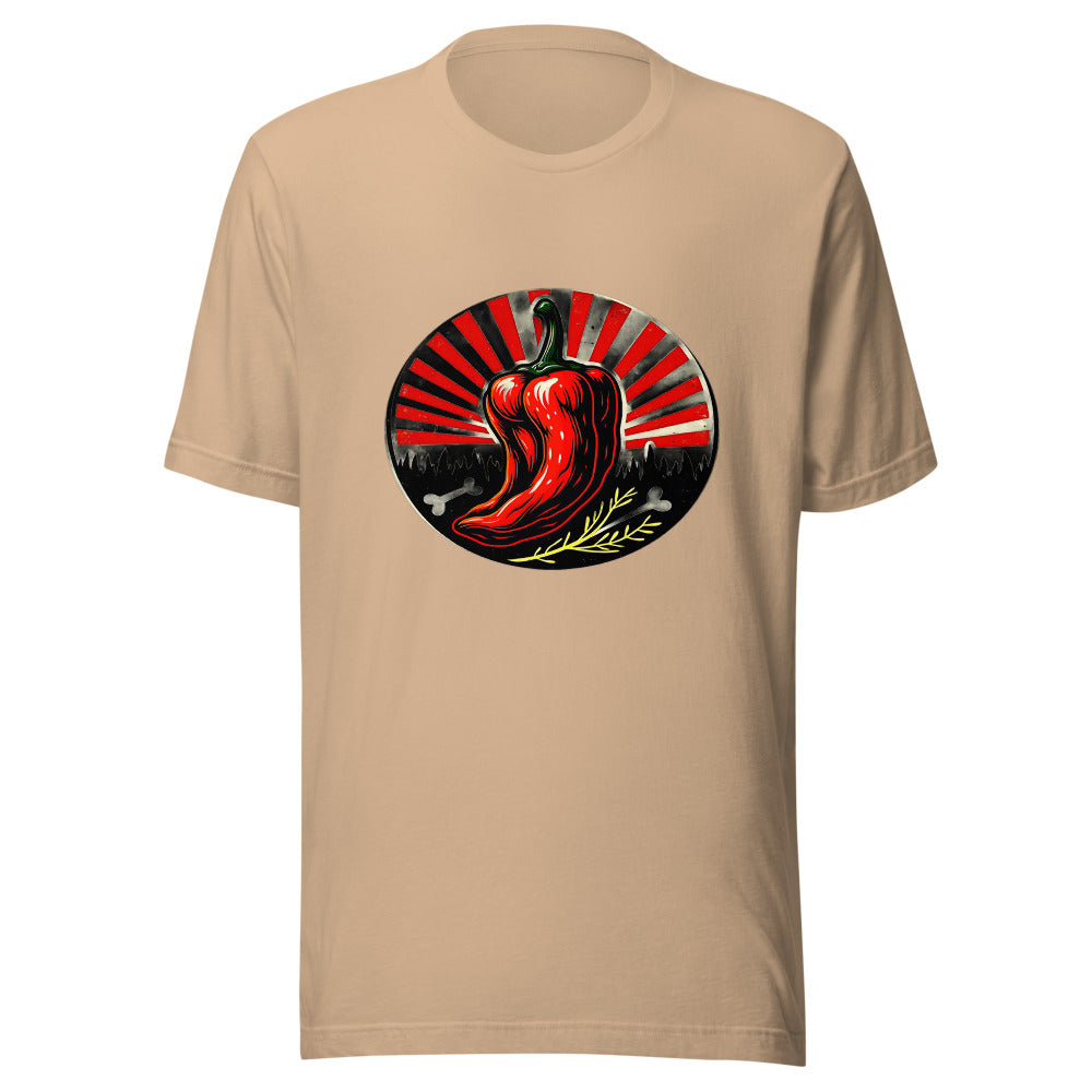 Spicy Food Lovers Graphic Tee: Bold Flaming Chili Badge Design for Heat Seekers