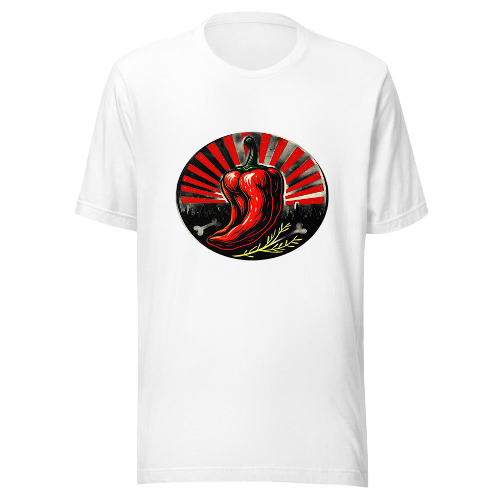 Spicy Food Lovers Graphic Tee: Bold Flaming Chili Badge Design for Heat Seekers
