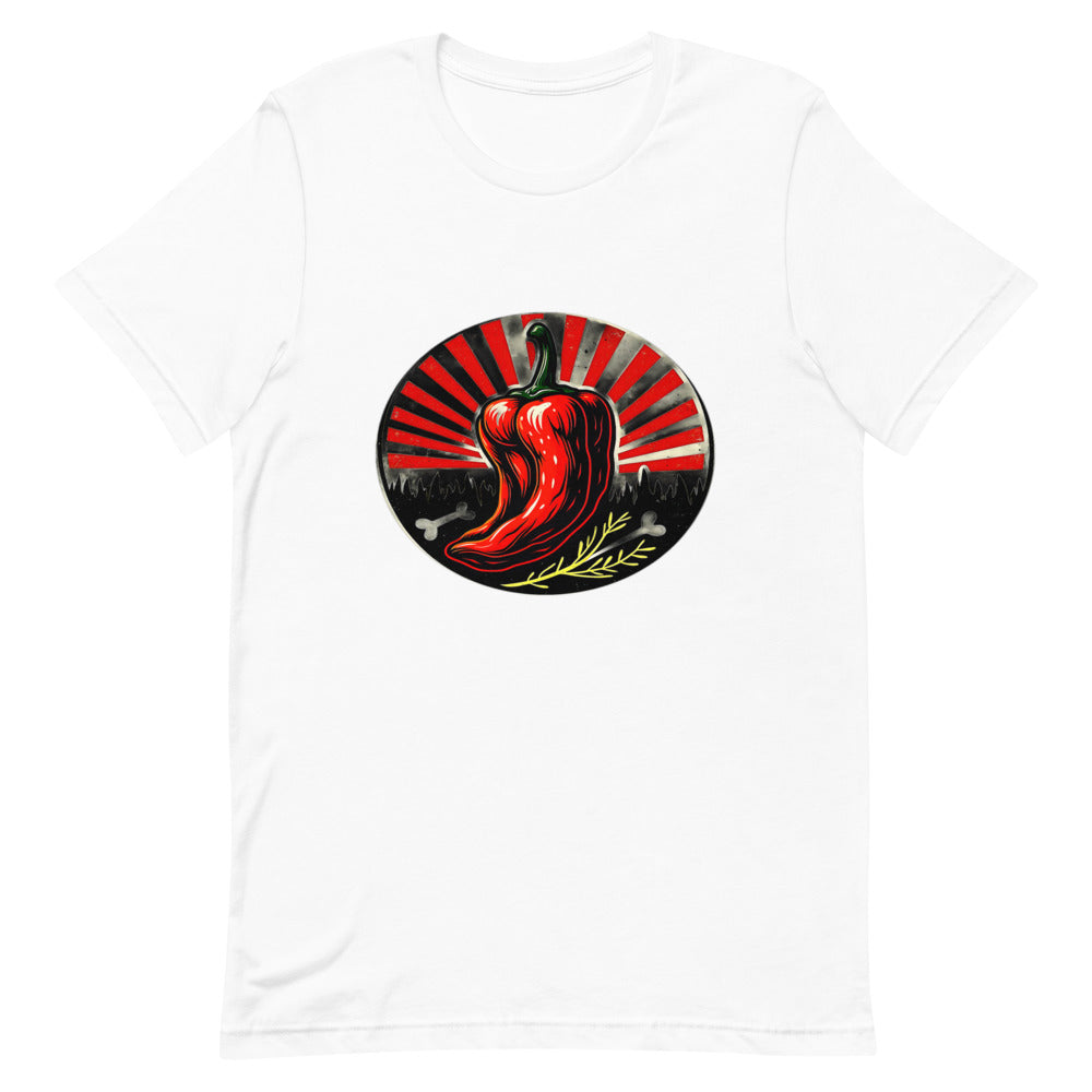 Spicy Food Lovers Graphic Tee: Bold Flaming Chili Badge Design for Heat Seekers