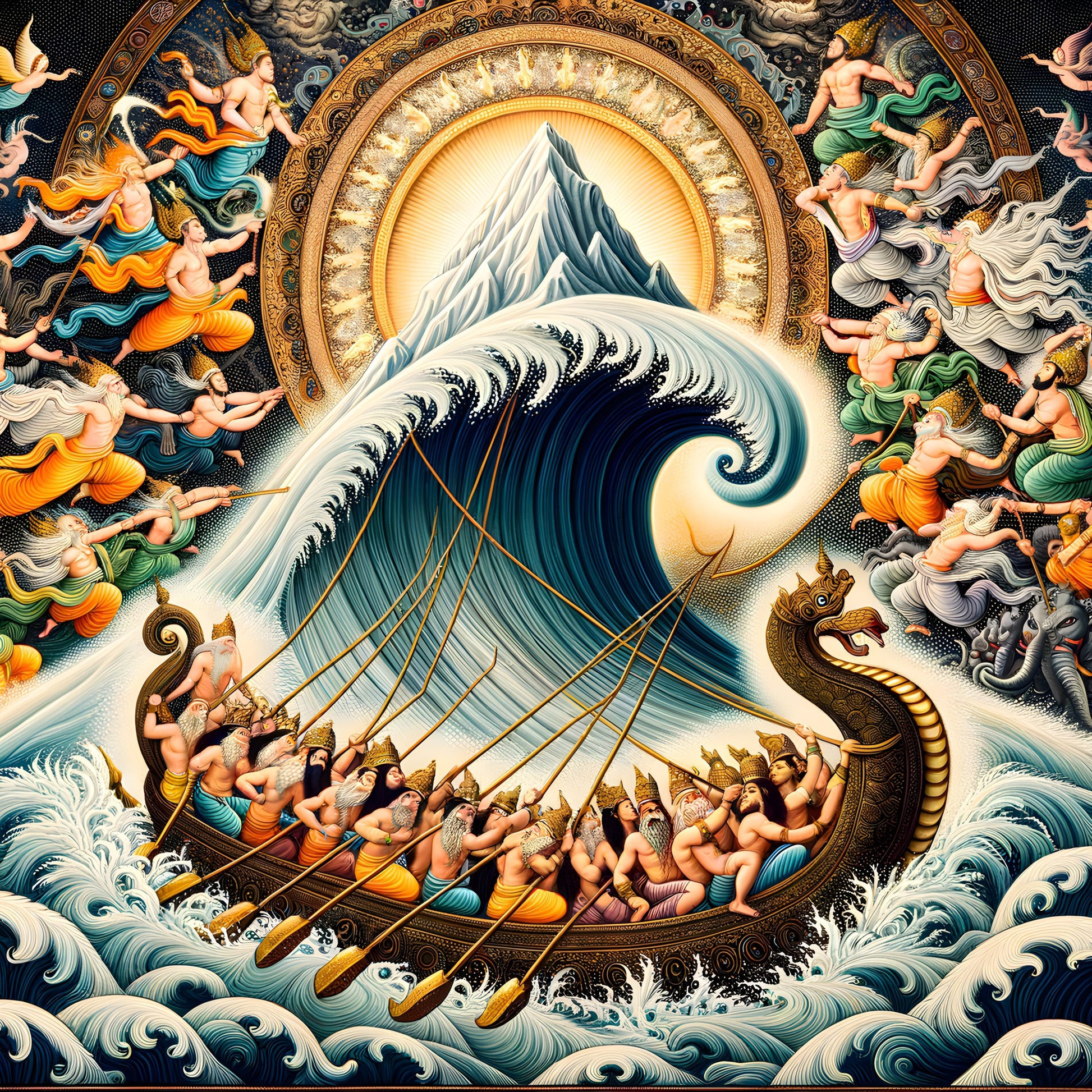 Detail close-up of Samudra Manthan Hindu mythology art print showing intricate linework and color