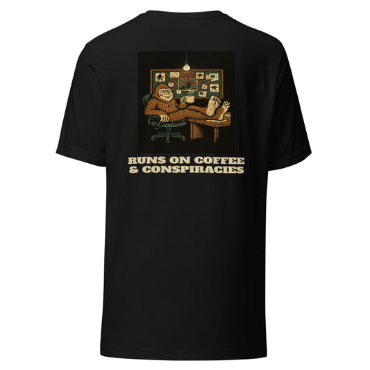 Bigfoot Runs On Coffee And Conspiracies Shirt - Funny Sasquatch Cryptid Coffee Lover Tee